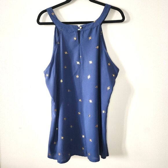 Solitaire Blue Sleeveless Top with Gold Bee Print- Size 2X - Picture 3 of 7